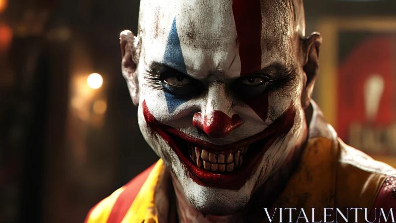 Sinister clown portrait glows in menacing carnival light