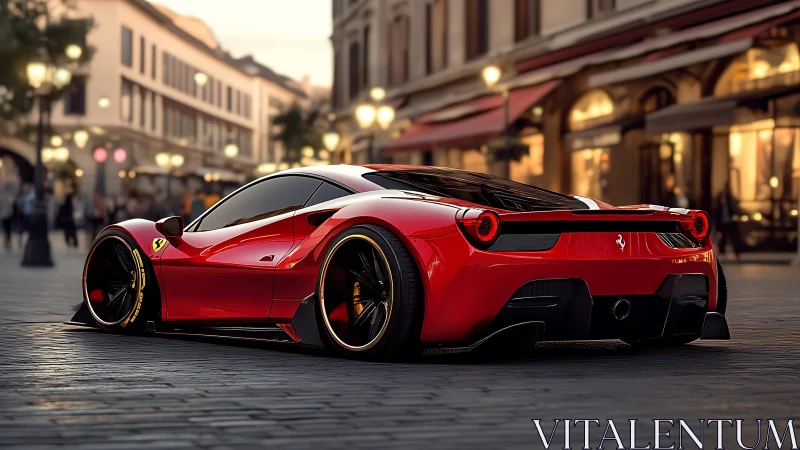 Red supercar parked on cobblestone street at dusk.