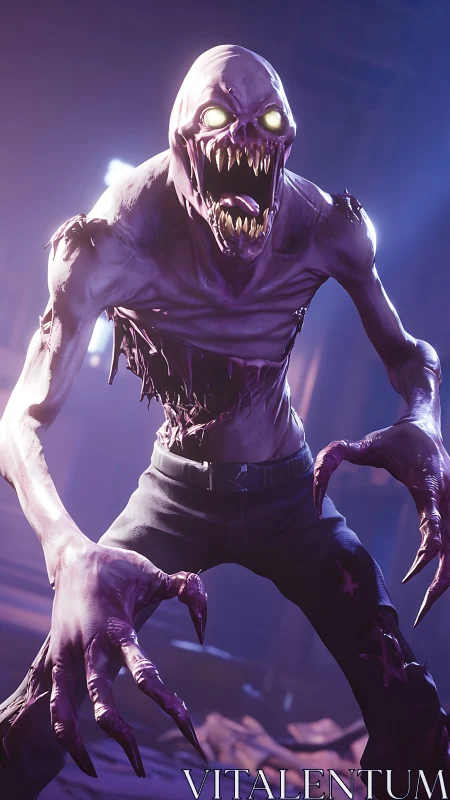 Bioluminescent humanoid predator lunging in violet backlight.
