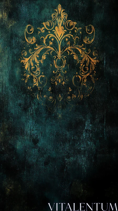 Gold ornamental damask motif centered on dark teal field