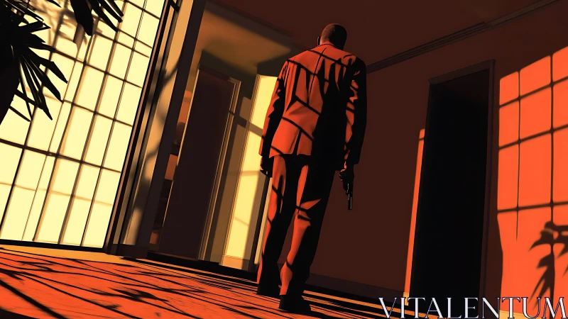 Gunman stalks a sunlit hallway washed in deep orange shadows