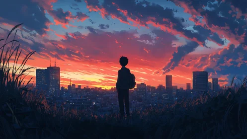 Sunset city dreams with a quiet backpacked wanderer.