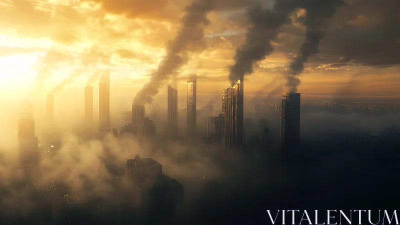 Sunlit industrial megacity skyline under dense aerosol plumes.