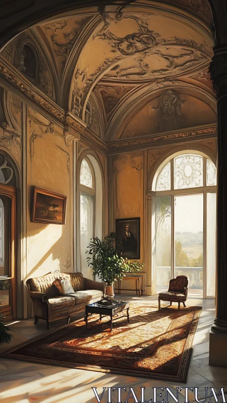 Sunlit baroque salon interior captures ornate vaulted ceiling