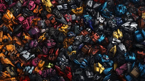 Dense cascade of shattered mechs in prismatic wreckage.