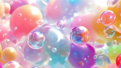 Iridescent soap bubbles drift across a dreamy pastel cloudscape