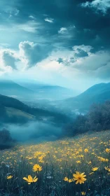 Golden wildflower meadow overlooks misty blue mountain valley