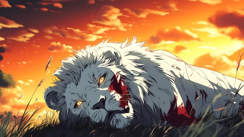 Digital painting of wounded white lion under burning sunset sky.