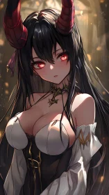 Crimson eyed horned demon girl in gothic corset lighting study