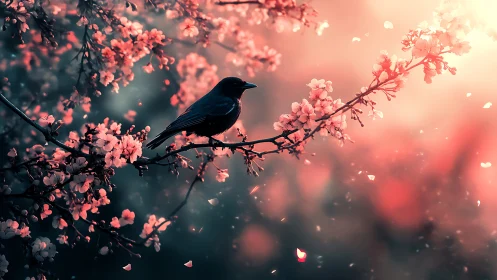 Dark silhouetted bird perched among luminous coral blossom clusters.