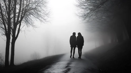 Two Figures Walking Through Mist and Bare Trees.