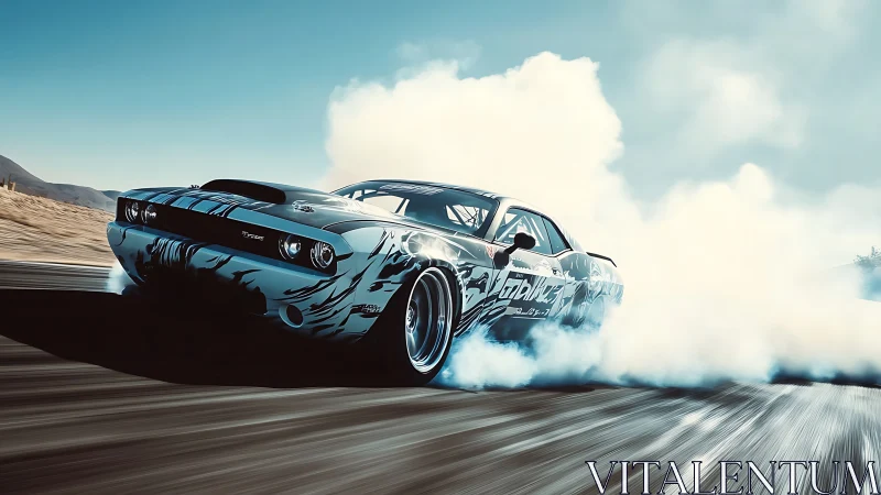 Drift-tuned muscle car carves smoky arcs across desert track.