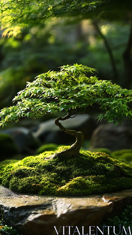 Miniature bonsai maple under golden backlit foliage canopy.
