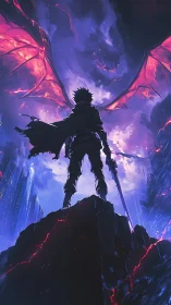 Winged swordsman dominates neon storm over ruined cityscape.
