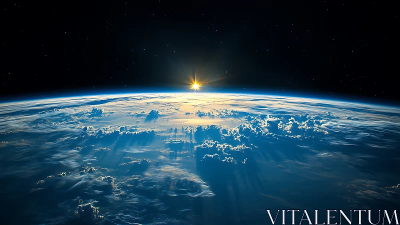 Solar dawn over Earth horizon with volumetric cloud shadows.