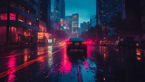 Rain-soaked neon boulevard reflects rear-lit sedan with high contrast