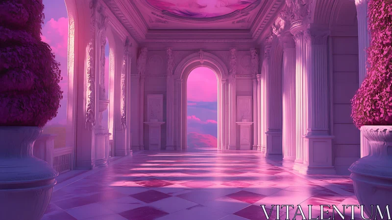 Dreamlike pink palace corridor opens to glowing sunset sky.