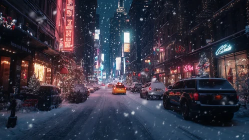 Snowy city street glowing with cozy winter nightlife magic.