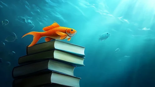 Goldfish on stacked books in blue underwater light column