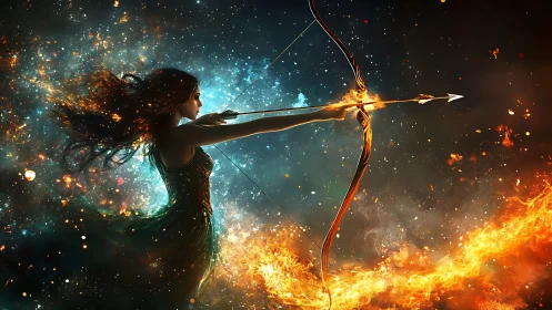 Celestial archer drawing a flaming bow amid cosmic fire.