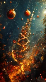 Spiraling Christmas lights warm a dreamlike winter city sky