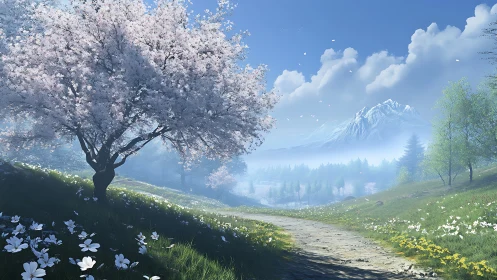 Gentle spring path beneath cherry blossoms and soft mountains.