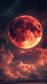 Luminous crimson moon hovering above glowing storm clouds.