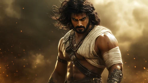 Battle-hardened warrior amidst blazing storm clouds.