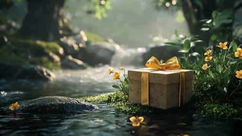Gift box with golden ribbon beside forest stream in light.