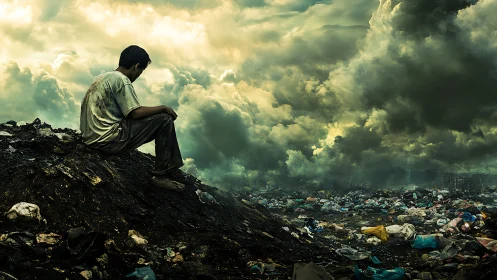 Thoughtful boy overlooking a stormy polluted landscape.