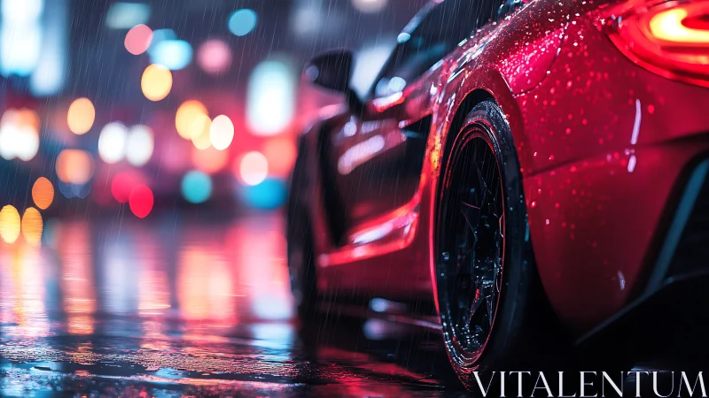 Sports car rear wheel reflects neon lights on wet street