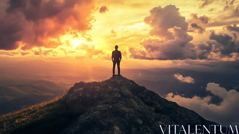 Silhouette on mountain ridge under vivid sunset sky.