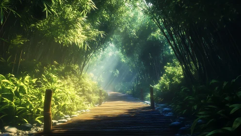 Sunlit bamboo boardwalk drifting into emerald hush.