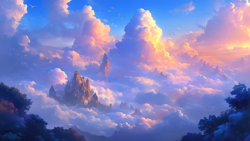 Dreamy sunrise temples drifting above glowing clouds.