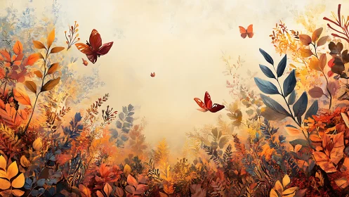Autumn foliage with butterflies against soft pale sky.