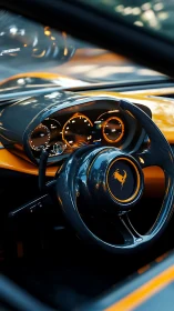 Sleek sports car cockpit glowing with warm amber dials.