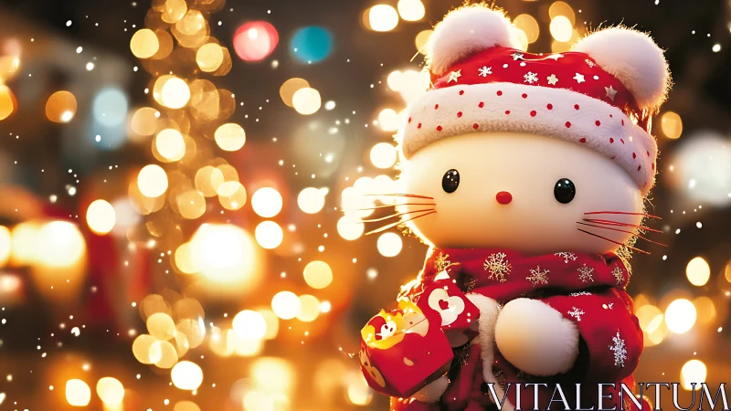 Snow-kissed kitty toy quietly guards glowing holiday wishes