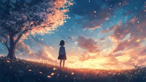 Silhouetted figure under tree facing illuminated evening sky.