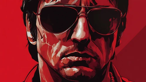 Stylized male portrait in red with sunglasses and shadows.