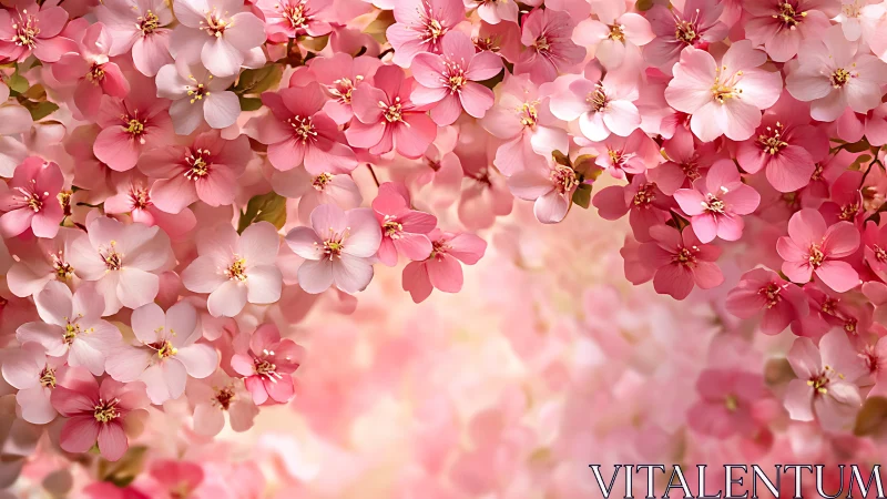 Pink Cherry Blossoms Frame Soft Blurred Background Scene.