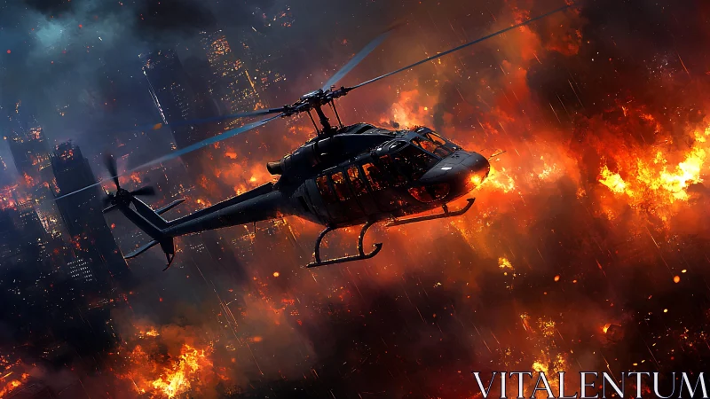 Digital painting of tactical helicopter over burning megacity.