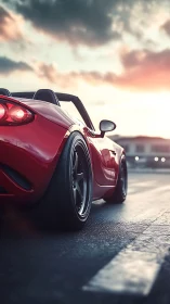 Red convertible sports car on open road at sunset sky.