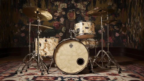 Marble finish drum kit staged against ornate floral backdrop