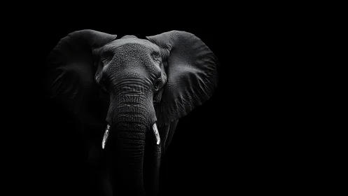 Monochrome frontal elephant portrait isolates sculptural texture