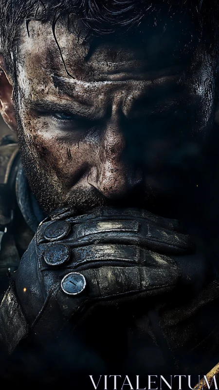 Gritty warrior pauses in silence, gathering hard-won resolve