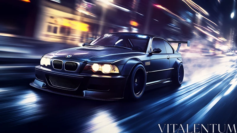 Cyberpunk street racer in dynamic night motion rendering.