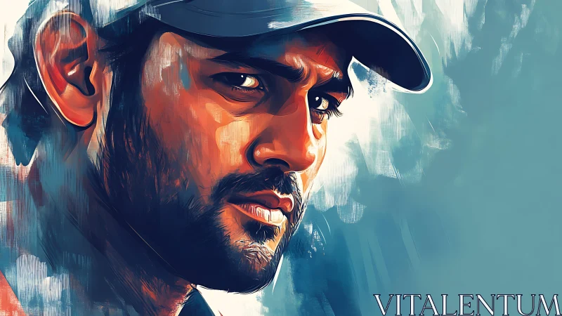 Intense digital portrait of a man in cap against cool haze