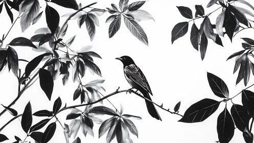 Black and white bird illustration perched on leafy branch, minimalist style.