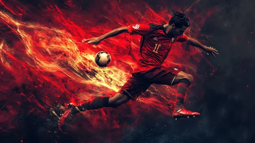 Soccer player in midair kick amid red abstract trails.