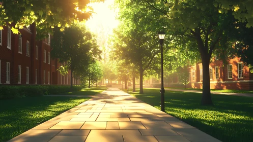 Sunlit paved walkway through campus trees and buildings.